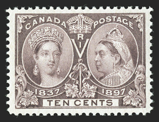 57, 1897 10c Jubilee, an extraordinarily choice mint single, being remarkably well centered within lavishly large margins, rich luxuriant color, o.g., n.h., extremely fine an
especially large-margined gem 2008 Greene Foundation certificate (Un