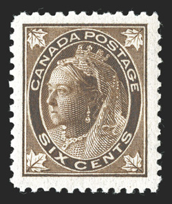 71, 1897 6c Brown Maple Leaf, striking mint example, featuring remarkably large and well balanced margins all around, gorgeous rich color, pristine o.g., n.h., extremely fine
a large-margined gem 2009 PF certificate (Unitrade C$600.00).