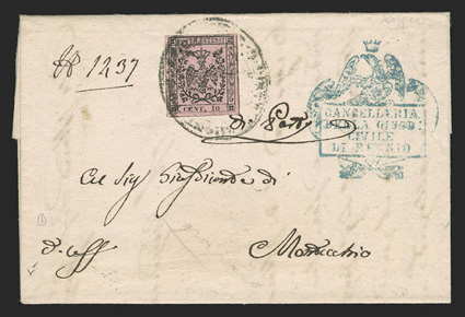 1-4, 1852 5c-25c Coat of Arms, three folded covers, 5c and 15c are single usages, other cover has 10c and 25c (latter on back of cover), tied by various postmarks, two have
the official cachets, stamps all with four margins, very fine group (Sas