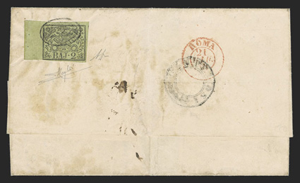 3, 1852 2b Black on greenish white, left sheet-margin single tied by scarce muted oval postmark on back of 1854 folded cover from Monterosi to Rome, with Monterosi double-ring
postmark on red Rome receiver, some light aging and file fold not aff