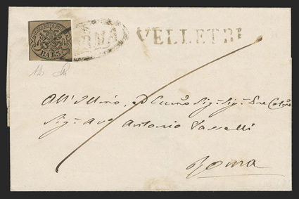4, 1852 3b Black on brown, single with close to large margins tied by NORMA oval handstamp on 1860 folded cover to Rome, straight line VELLETRI handstamp, Rome backstamp,
light file fold not affecting stamp, very fine signed A. Diena (Sasso