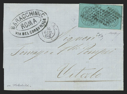 14, 1867 5c Black on light blue, vertical pair tied by diamond grid cancels on 1868 folded cover to Viterbo, Rome c.d.s. postmark, bold oval merchants handstamp on front and
back, Viterbo receiving backstamp, one stamp with a small corner fault