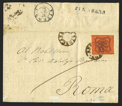 15, 1867 10c Black on vermilion, single with four large margins and bright color tied by Toscanella double-ring cancel on 1867 folded cover to Rome, PIANSANO straight line
handstamp on reverse, Viterbo backstamp, a very fine stamp on a fine co