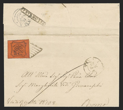 15, 1867 10c Black on vermilion, single with very large margins all around tied by diamond grid cancel on 1867 folded cover to Rome, boxed PALOMBARA straight line handstamp,
Tivoli transit c.d.s. and Rome receiving backstamp, very fine signed