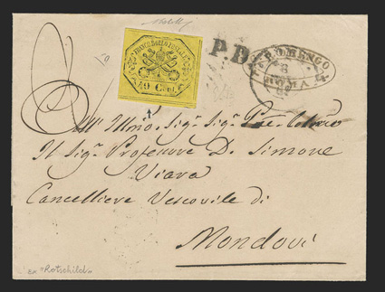 17, 1867 40c Black on yellow, single with large margins tied by light diamond grid cancel on 1867 folded cover to Mondovi, Rome c.d.s., P.D. handstamp, oval merchants
handstamp, Mondovi receiving backstamp, very fine signed Bolaffi and accom