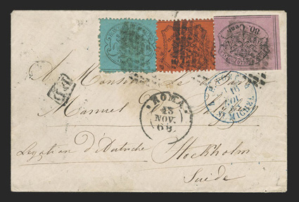 18, 1867 80c Black on lilac rose, along with perforated 1868 5c and 10c values (21, 22) tied by diamond grid cancels on 1868 cover to Sweden, Rome c.d.s., blue St. Michel
transit c.d.s., P.D. handstamp, Stockholm receiving backstamp, cove