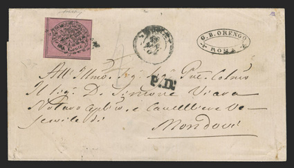 18, 1867 80c Black on lilac rose, single with four close to large margins, tied by diamond grid cancel on 1868 folded cover to Mondovi, Rome c.d.s., P.D. handstamp, oval
merchants handstamp, Torino and Mondovi backstamps, trivial cover wear,