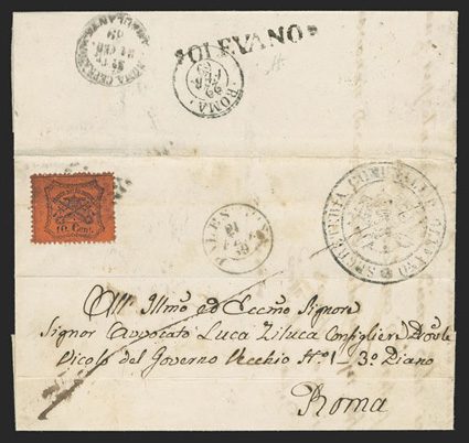 22, 1868 10c Black on orange vermilion, singed tie diamond grid on 1869 folded cover to Rome, OLEVANO straight line handstamp on back, Palestrina c.d.s., two Rome backstamps,
cachet on front, a few minor age spots, otherwise very fine signed