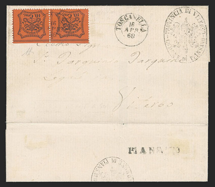 22, 10c Black on orange vermilion, horizontal pair with bright color tied by Toscanella c.d.s. on 1868 folded cover to Viterbo, PIANSANO straight line handstamp on reverse,
cachet on front and back, very fine an attractive and desirable cover