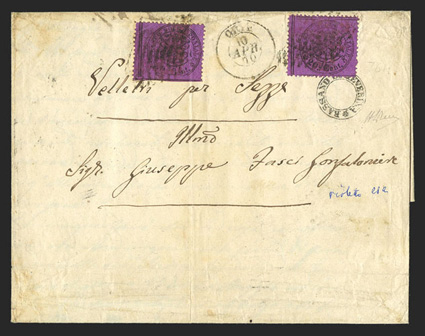 23a, 1868 20c Black on magenta, two singles tied by grid cancels on 1870 folded letter to Rome, petite Bassano in Teverina double ring postmark, Orte c.d.s., several
backstamps, light file fold affects one stamp, fine and scarce signed A. Diena