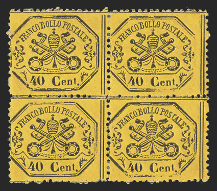 Sassone 29h, 1868 40c Black on orange, no period after 40, mint block of four, gorgeous radiant paper color and an unusually strong impression, full original gum, fine a very
scarce shade that is especially rare in a block 1976 A. Diena and