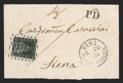 1, 1851 1q Black, single with ample to large margins around except just touching the frame line in one place, tied by grid cancel on newspaper wrapper made from a letter, Pisa
27 Et. 1852 c.d.s., sent to Siena (backstamp), very fine a rare