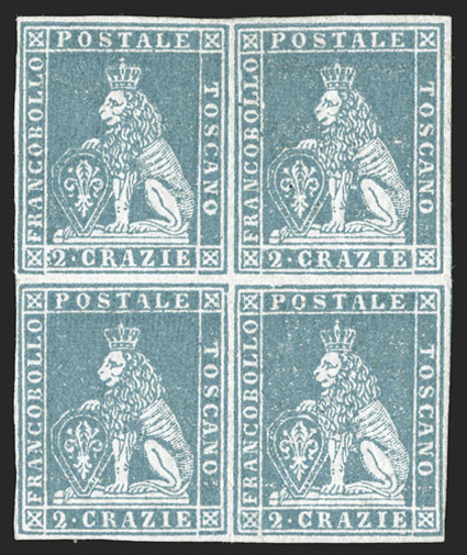 5, 1851 2cr Blue, a very rare mint block of four, with ample to mostly full margins all around, lovely fresh color on bright white paper, full crackly original gum, light
horizontal crease between stamps, bottom right stamp with the tiniest trac