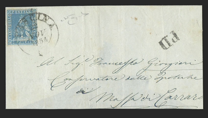 5, 1851 2cr Blue, impressive single with four large margins and rich bright color, tied by Cecina 22 Nov 1854 c.d.s. on folded cover to Massa Carrara (backstamp), PD
handstamp, very fine and a choice stamp signed Raybaudi (Sassone 5 Ç900).