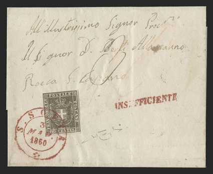 19, 1860 10c Deep brown, single with three large margins, close but clears at top, lovely rich color, tied by red S. Sofia 3 Mar 1869 c.d.s. on folded cover to Rocca S.
Casciano (backstamp), with scarce red Insufficiente handstamp, very fine a