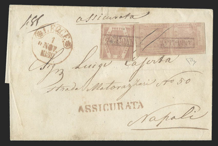 2, 5, 1858 1g Pale lake, 10g Rose lake, pair of former and single of the latter tied by red Annullato boxed postmarks on folded cover to Naples, one of the 1gr stamps with two
pen strokes, red Lecce 1 Nov 1859 c.d.s. at left and red Assic