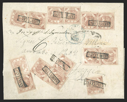 3, 1858 2g Pale lake, fourteen examples tied by boxed Annulatto cancels on folded letter from Vieste to Foggia (backstamp), blue Manfredonia 19 Set 1859 c.d.s. also ties one
stamp, fine a most impressive usage paying the 6 gram rate 1980 E.