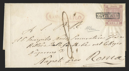 4b, 1858 5g Carmine lake, single with mostly large margins tied by boxed Annullato handstamp on 1858 folded cover to Rome, with rare red oval Avellino in script at left,
Napoli red straight line backstamp and Rome receiver, very fine 19