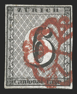 1L2, 1843 6r Black Zurich cantonal, vertical red lines, Type V, position 90, four full margins, attractive color with some visible red lines, deep red rosette cancel, very
fine 1973 Nussbaum and 1992 von der Weid certificates (Zumstein 2S SF2