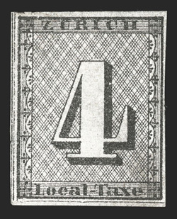 1L3, 1843 4r Black Zurich cantonal, horizontal red lines, Type I, a very rare unused example, full to large margins all around, the red lines have been faded, small thins and
a tiny closed tear at left, very fine appearance a stamp that is espe