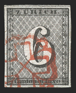 1L4, 1846 6r Black Zurich cantonal, horizontal red lines, Type II, a highly desirable used example, with large even margins all around, strong color with clear red lines,
bright red rosette cancel, very fine and handsome signed Brun and accompa