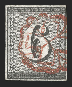1L4, 1846 6r Black Zurich cantonal, horizontal red lines, Type V, full even margins all around, fresh color, red lines invisible, red rosette cancel, very fine 1987 von der
Weid certificate (Zumstein 2W SF2,150).