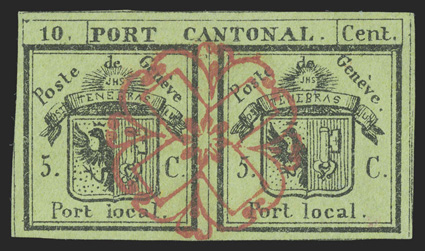 2L1, 1843 10c Black on yellow green Double Geneva cantonal, large balanced margins all around, with full dividing lines at right and portions of dividing lines on the other
three sides, marvelously fresh, with a highly detailed impression on bri