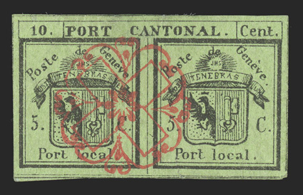2L1, 1843 10c Black on yellow green Double Geneva provisional, large margins all around, with portions of the dividing lines on all four sides, deep paper color and a strong
detailed impression, bright and full strike of a red rosette cancel, sm