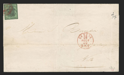 2L4, 1848 5c Black on dark green Geneva cantonal, single with four full margins and deep impression and paper color, tied by red rosette cancel with matching Geneve 25 Aout 49
8½S c.d.s. on folded cover to Ville, cover with a few file folds no