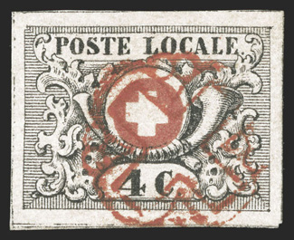 2L5, 1849 4c Black and red Geneva cantonal, a magnificent used example of this very rare stamp, featuring four extra-large margins, with dividing lines virtually all around,
crisp impressions, neat strike of a red rosette cancel, extremely fine
