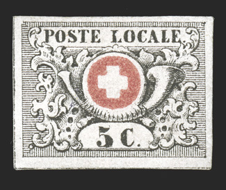 2L6, 1850 5c Black and red Geneva cantonal, position 58, full to large margins all around, good color, large part original gum, very fine an especially rare stamp with
original gum signed Fulpius and accompanied by 1969 Hunziker and 1993 von d