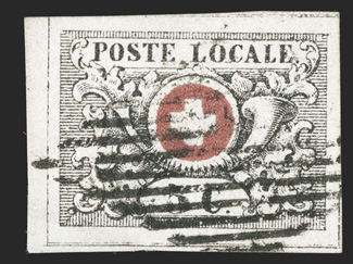 2L6, 1850 5c Black and red Geneva cantonal, four margins ranging from large to huge, with dividing lines mostly around, fresh colors and paper, grid cancel, extremely fine and
uncommonly choice 2009 von der Weid certificate (Zumstein 10 SF2,2