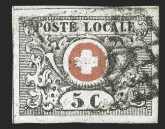 2L6, 1850 5c Black and red Geneva cantonal, another impressive example of this scarce stamp, large margin all around, including full dividing lines on three sides and a small
part of the dividing line at bottom, especially strong colors and impr