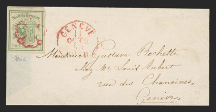 2LU1, 1849 5c Yellow green Geneva cantonal envelope cut-out used as adhesive, large to huge margins all around, tied by red rosette cancel with matching Geneve 11 Oct 50
c.d.s. on folded cover with side flaps missing, very fine rarely seen on