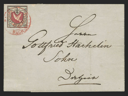 3L1, 1845 2 ½r Black, crimson and blue Basel Dove, single with full margins all around tied by red Basle c.d.s. on 1850 folded cover, stamp with beautiful rich colors and
strong embossing, there is a small and virtually undetectable repair at to