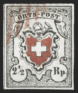 1, 1850 2½r Black and red, with frame around cross, Type 12, a highly select used single, featuring uncommonly large and even margins all around, lovely fresh colors and
strong impressions on fresh paper, light red grid cancel, extremely fine a