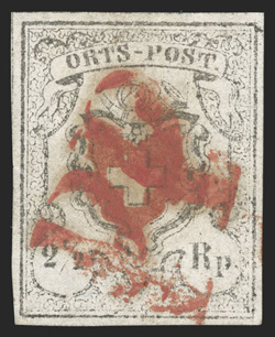 1, 7a, 8, 1850 2½r Black and red, 5r Black and red on deep blue, 10r Black and red on yellow, two of the 2½r, one 5r and six of the 10r (various shades), one 2½p has close
margins, the other has small faults, the other stamp are all four margin