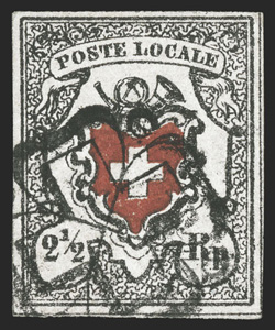 2, 1850 2½r Black and red Poste Locale with frame around cross, Type 19, a particularly handsome used example, possessing brilliant colors and a sharp detailed impression on
pristine white paper, four large margins, neat rosette cancel, extrem