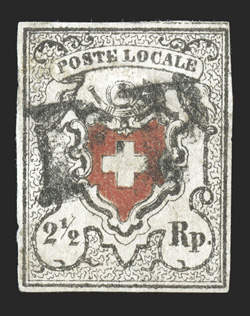 2, 1850 2½r Black and red Poste Locale with frame around cross, Type 27, four full margins, clean impression, P.P. cancel, miniscule thin speck in the top margin, otherwise
very fine 1997 Renggli certificate (Zumstein 14I SF1,750).
