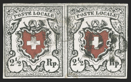 2, 1850 2½r Black and red Poste Locale with frame around cross, Types 3-4, scarce horizontal pair, full margins around, bright and fresh, light P.P. cancels, faint thin in the
top margin, otherwise very fine clear 2009 von der Weid certific
