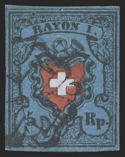 5, 1850 5r Black and red on dark blue, with frame around cross, Type 3, a most impressive used single, large and well balanced margins on all four sides, strong impressions
and deep paper color, light rosette cancel, extremely fine seldom encou