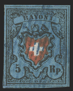7, 1850 5r Black and red on deep blue, without frame around cross, Type 8, four large margins, with full dividing lines on three sides, strong colors on especially deep paper
color, blue grid cancel, choice very fine 2009 von der Weid certifica