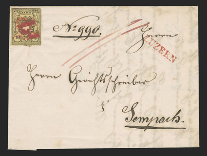 8, 1850 10r Black and red on yellow, two covers, one with a single stamp cancelled by red P.P. and with four full to large margins, other is a vertical pair tied by diamond
grid, pair with full outer frame lines nearly all around, both covers