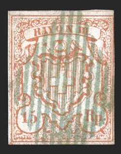 11, 1852 15r Vermilion, Type 9, three full margins, close but clears at right, bright color, blue-green grid cancel, nearly very fine 1998 von der Weid certificate (Zumstein
18 SF800).