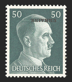 Michel 16 K, 1941 50pf Blue green overprinted Ukraine, inverted overprint, fresh and well centered, o.g., tiny gum disturbance from mount at right, n.h., extremely fine and
scarce signed Richter.