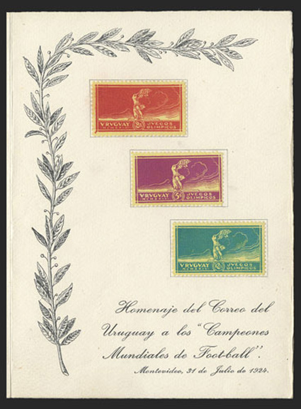282-84 Footnote, 1924 2c-12c Olympic games on yellow paper affixed in original postal administration souvenir folder in commemoration of Uruguayan soccer victories, very fine
only 500 sets were produced.