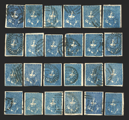 S.G. 31, 1855 3p Blue, Campbell & Fergusson printing, a complete reconstruction of the setting of 24 stamps, most are four margins copies, range of shades though cataloged as
the cheapest, some small faults, fine-very fine appearance.