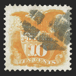 116, 10c Yellow, exceptionally well centered within uncharacteristically large margins all around, strong color, quartered cork cancel, extremely fine 2005 PF certificate
(VF-XF 85).