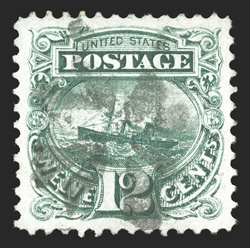 117, 12c Green, an extraordinary used single that is features large and perfectly balanced margins all around, rich bright color on fresh paper, light rosette fancy cancel, an
extremely fine gem a beautifully centered and margined example of th