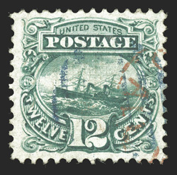 117, 12c Green, exceptionally well centered and margined, rich color and a well incised impression, cancelled by both a blue open grid and red exchange postmark, extremely fine
and with great eye appeal it is most unusual to find to differe